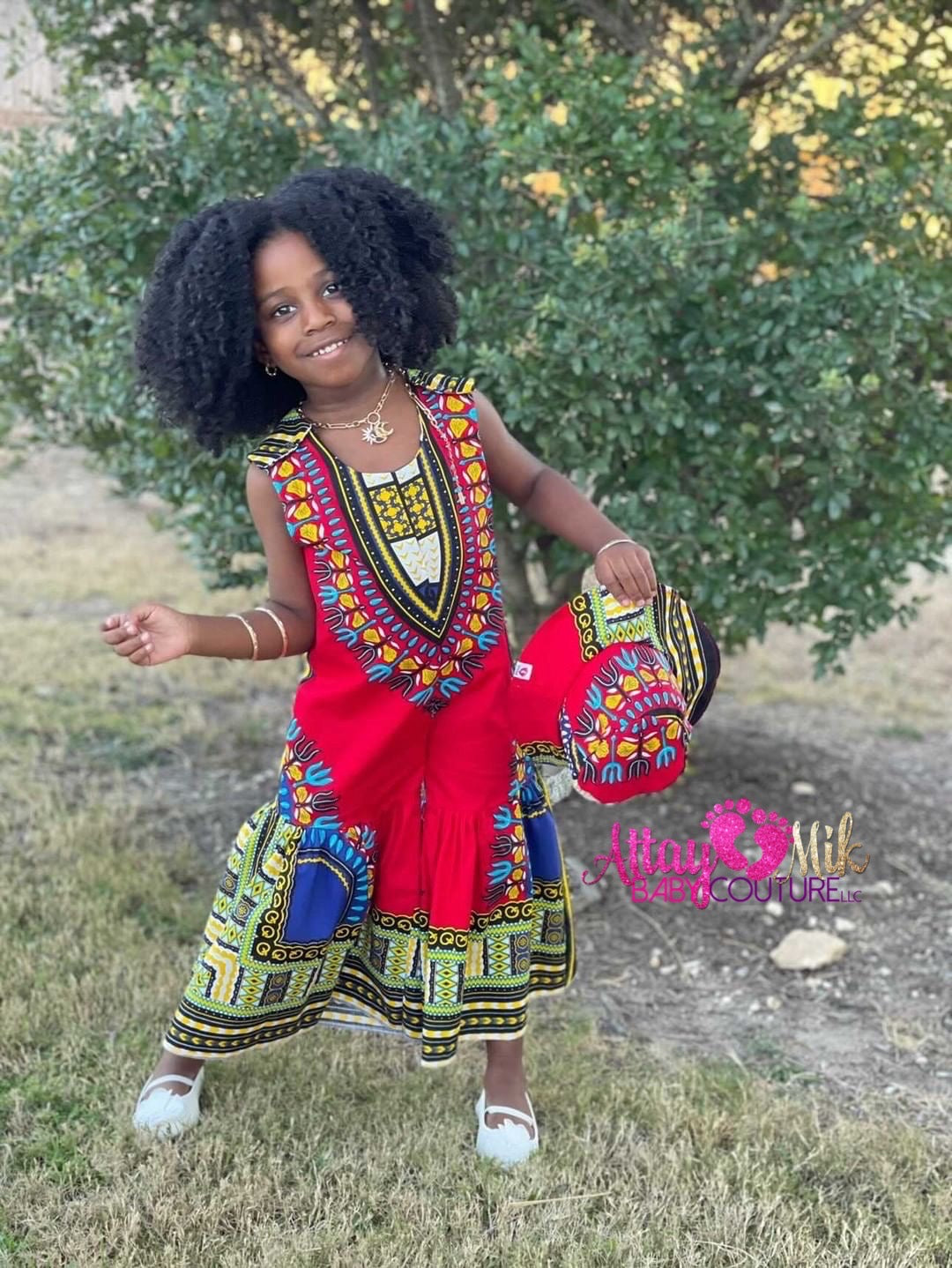 Dashiki Print Flare Romper With Hat