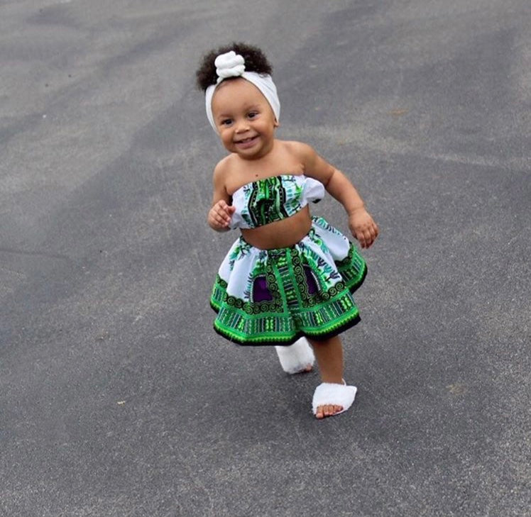 Green and White Dashiki  Set